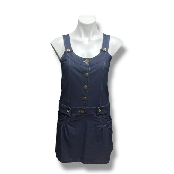 Vintage Y2K Overall Dress Women’s Stretch "Denim" Gold Button Front Pockets Sz L - Picture 4 of 9